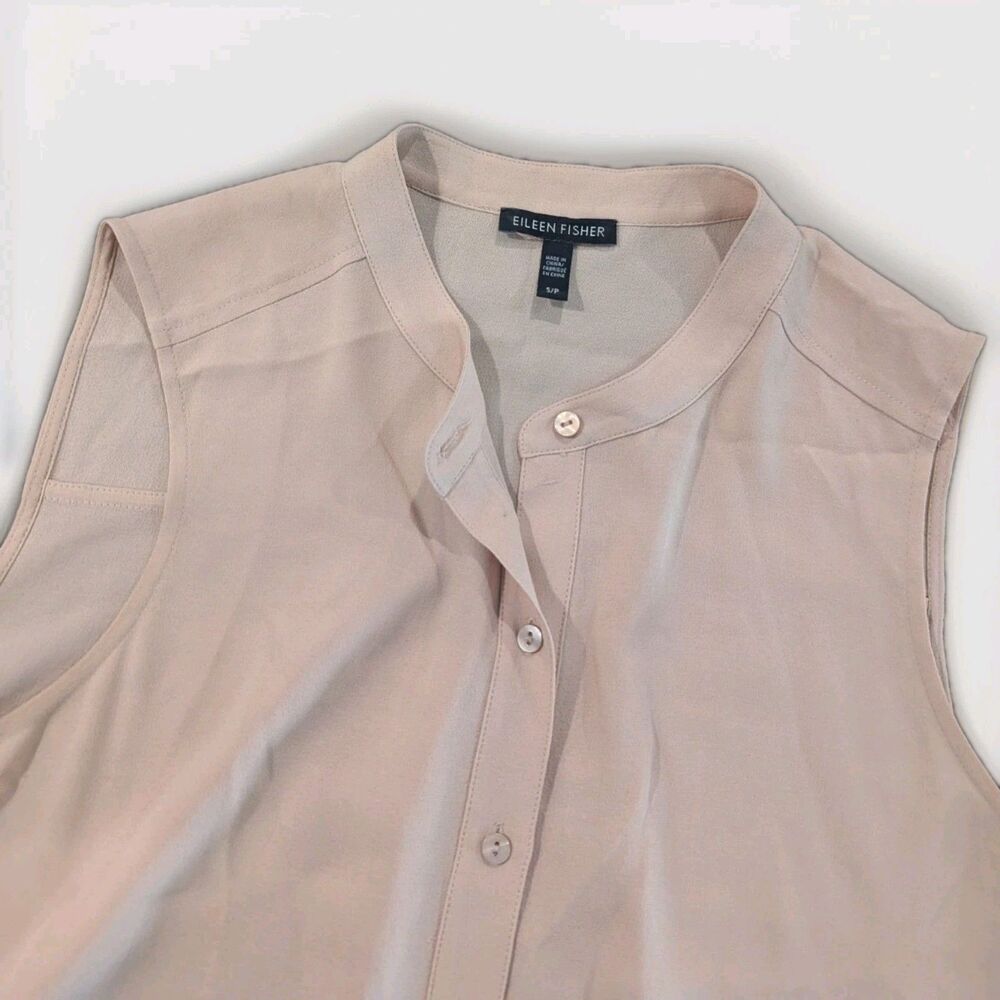 Eileen Fisher‎ Tan Collar High/Low Silk Shirt Beige Small Petite